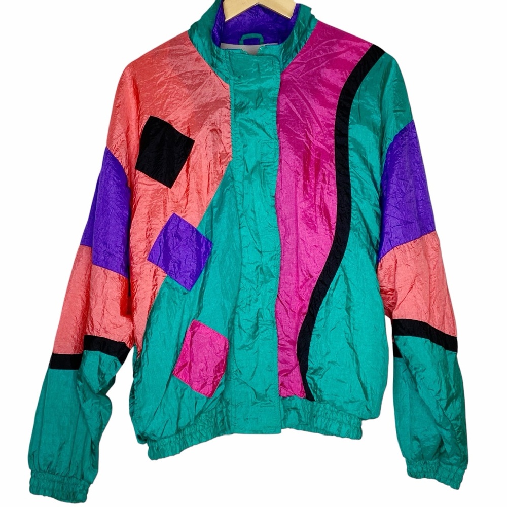 90's Windbreaker Bomber Jacket Colorblock Kuma Sport Medium Full Zip Lined Y2K